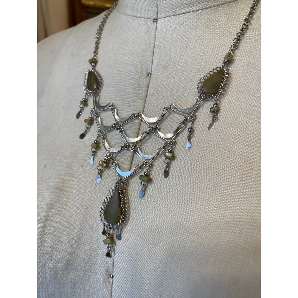 vintage peruvian bib necklace alpaca silver festoon moss agate boho jewelry